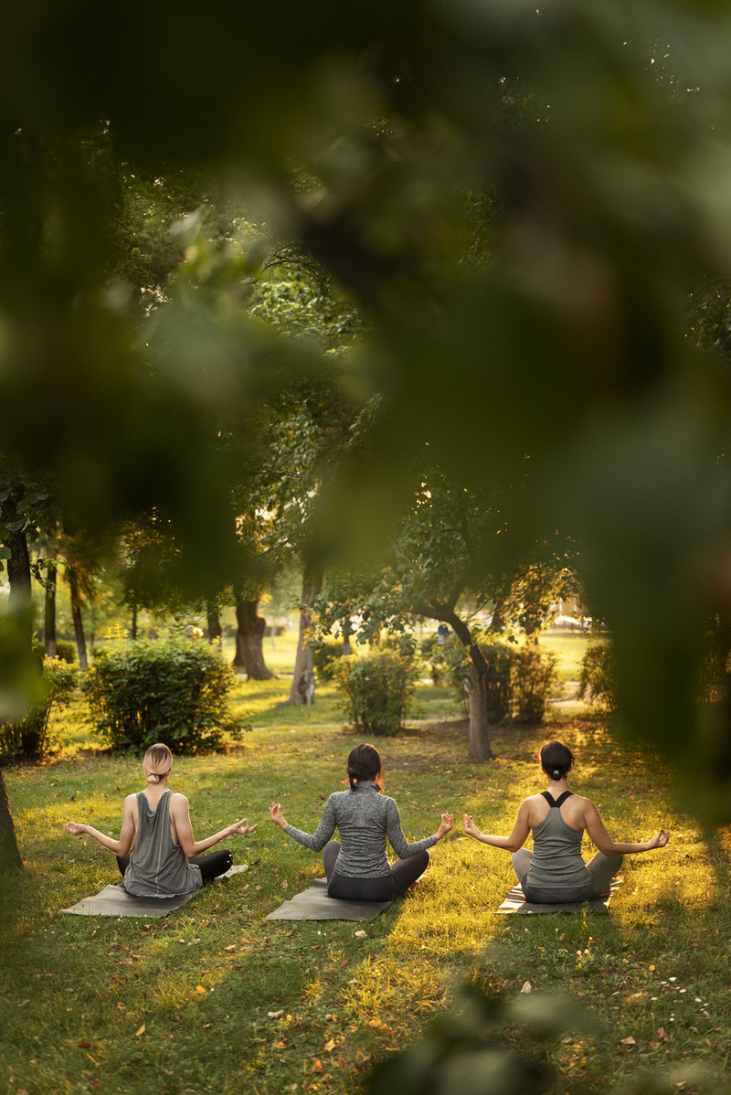 Three meditating women sitting on the grass surrounded by trees